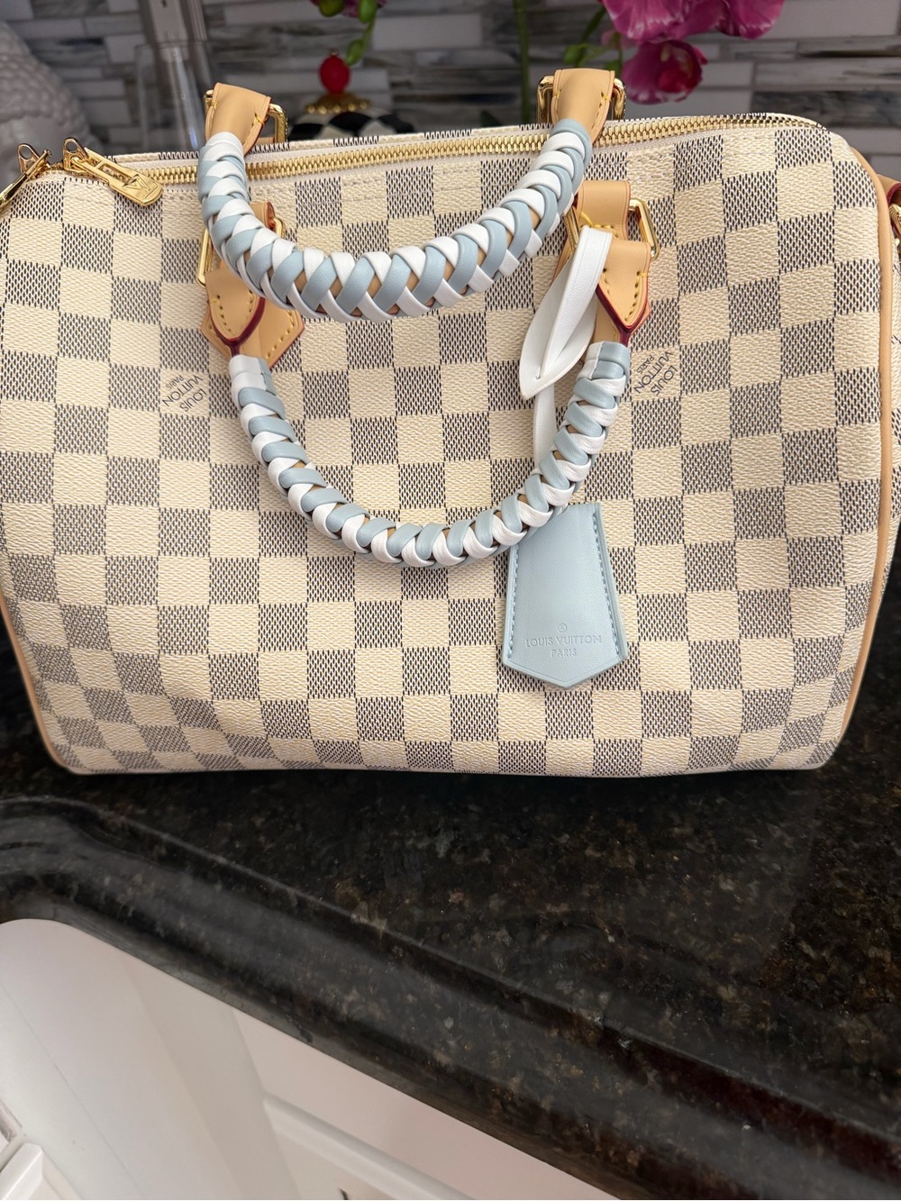 Luxury Cream Check Satchel with Light Blue Braided Handles